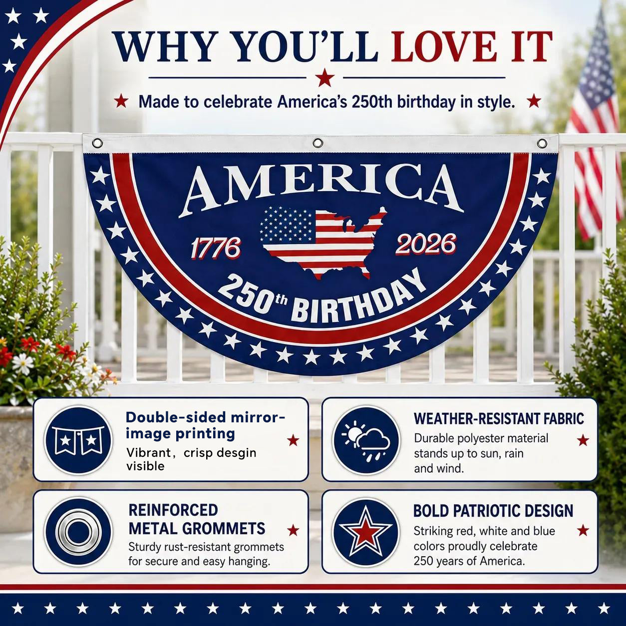 Flash Sale 60% OFF⭐Veteran Made - USA 250th Anniversary Flag Half Round Banner🦅
